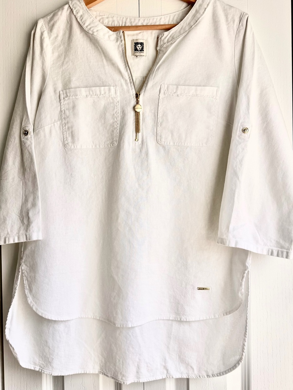 Anne Klein White Zip-Neck Casual Button Down Long Shirt